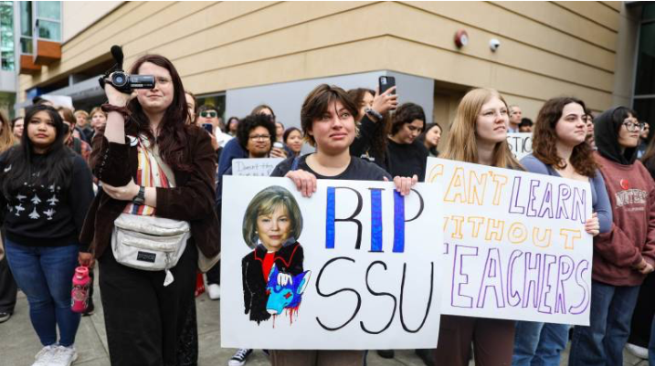 SSU students and faculty have participated in protests against the recent budget cuts at SSU, citing administrative mismanagement (Photo By: Gina Castro).